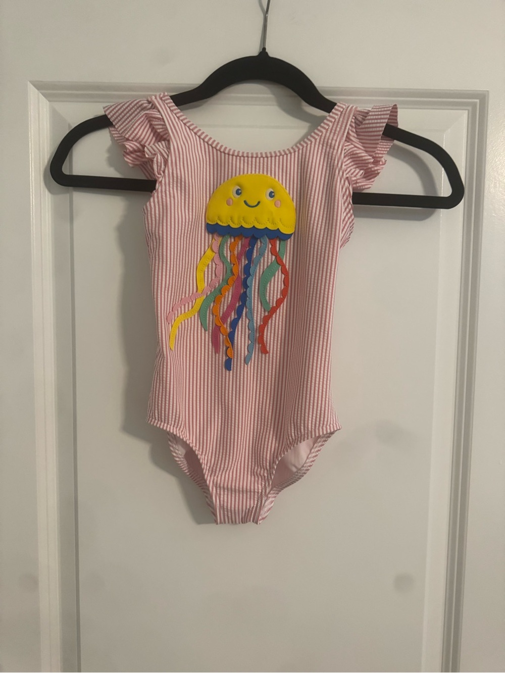 EUC Mini Boden Girls Pink Striped One-Piece Swimsuit with Jellyfish Applique